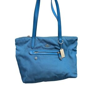 COACH Blue Nylon Tote Bag Handbag Purse Satchel with Leather Straps & Accents‎